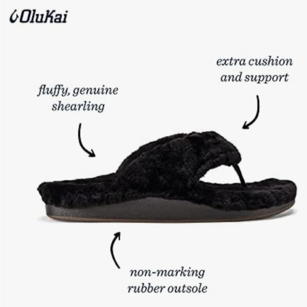 ▶️ Olukai ◀️ Kipe’a Heu Black Fuzzy Flip Flops Outdoor Slippers